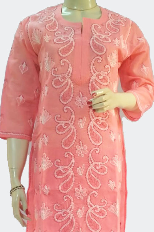 Peach Hand Embroidered Lucknowi Chikankari Long Kurti (Georgette) Bust-40 inch 71114