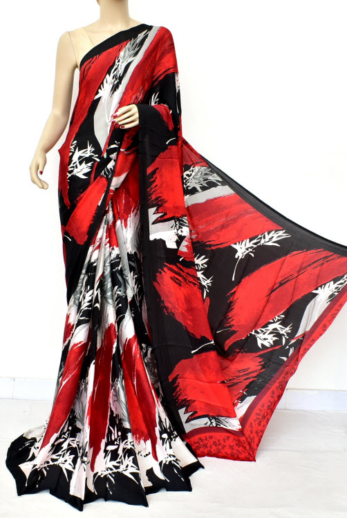 Red Black Art Crepe Silk Saree (with Blouse) 16454