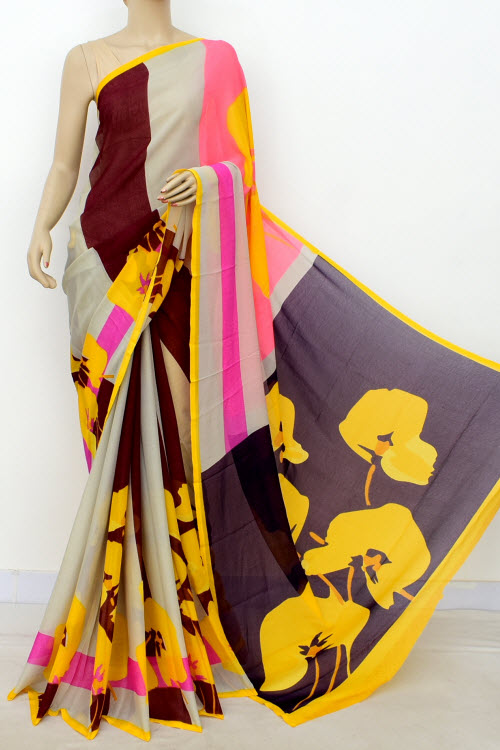 Maroon Yellow Printed Wrinkle Georgette Saree (with Blouse) 16417