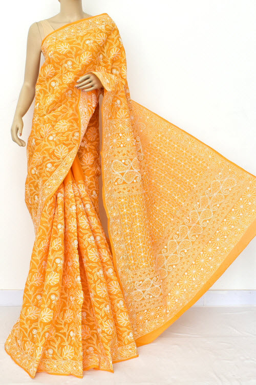 Mustard Yellow Allover Hand Embroidered Lucknowi Chikankari Saree (With Blouse - Cotton) Full Jaal 14856