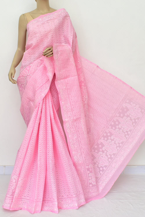 Pink Allover Hand Embroidered Lucknowi Chikankari Saree (With Blouse - Cotton) Full Jaal 14858