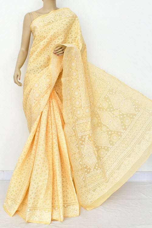 Beige Allover Hand Embroidered Lucknowi Chikankari Saree (With Blouse - Cotton) Full Jaal 14860
