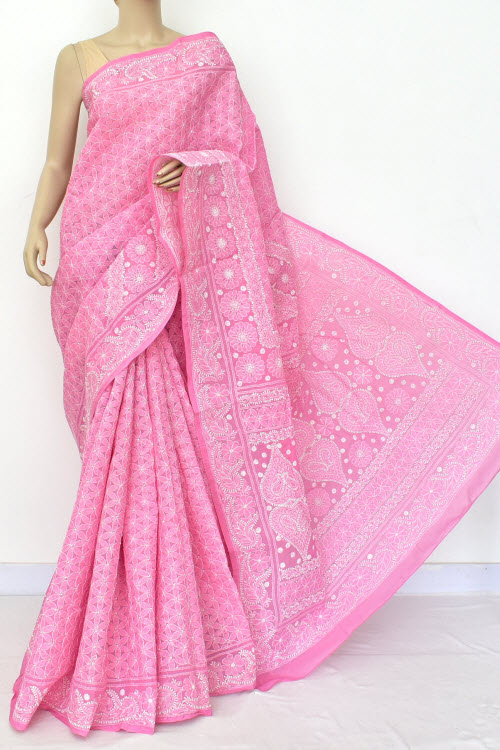 Onion Allover Hand Embroidered Lucknowi Chikankari Saree (With Blouse - Cotton) Full Jaal 14862