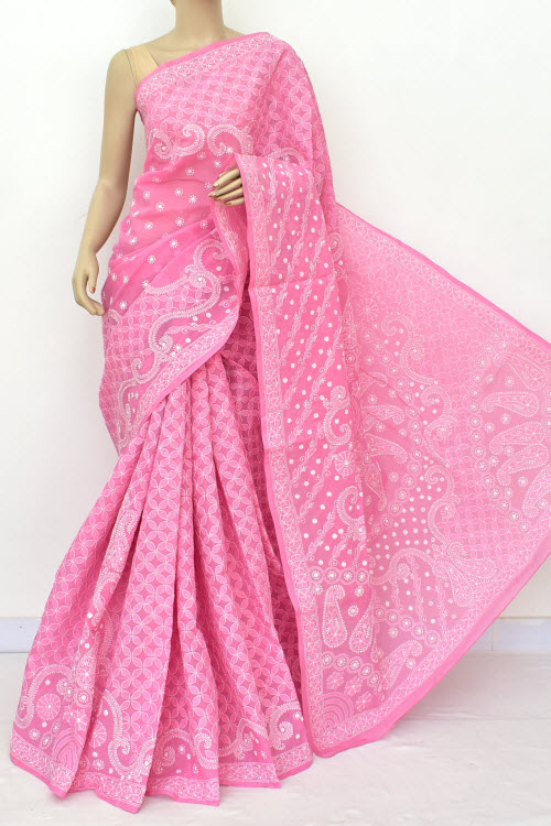 Onion Allover Hand Embroidered Lucknowi Chikankari Saree (With Blouse - Cotton) Full Jaal 14864