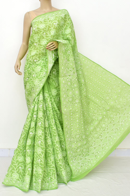 Pista Green Allover Hand Embroidered Lucknowi Chikankari Saree (With Blouse - Cotton) Full Jaal 14900