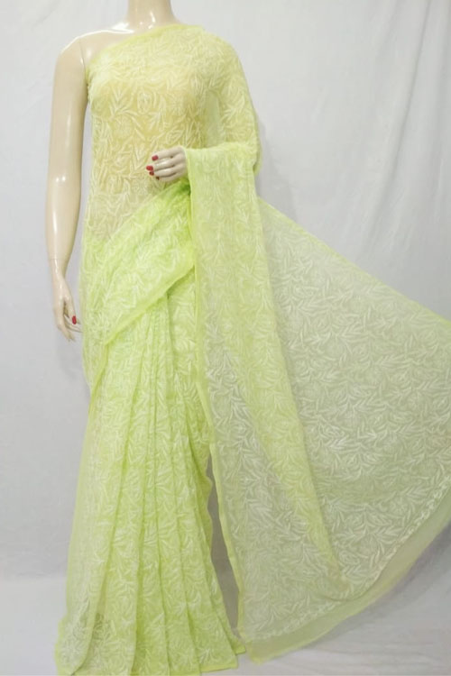 Light Green Color Hand Embroidered Lucknowi Chikankari Saree (With Blouse - Georgette) Allover Tepchi Work 71115