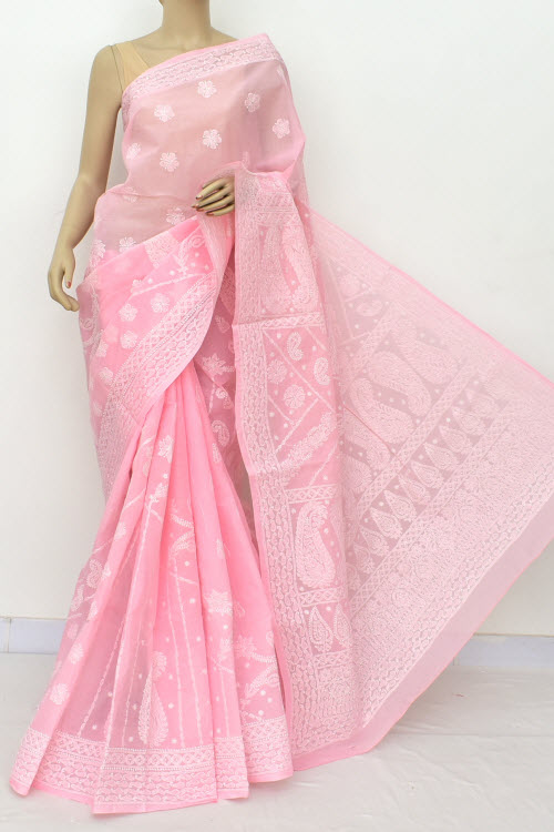 Baby Pink Designer Hand Embroidered Lucknowi Chikankari Saree (With Blouse - Cotton) Rich Border And Pallu 14908
