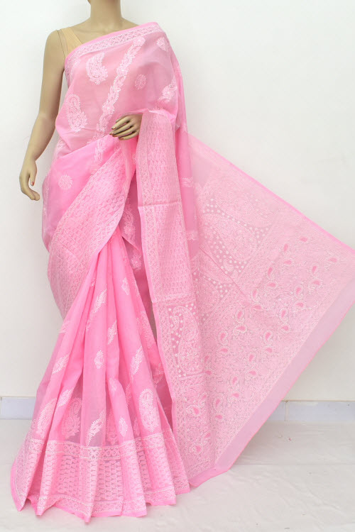 Pink Designer Hand Embroidered Lucknowi Chikankari Saree (With Blouse - Cotton) Rich Border And Pallu 14927
