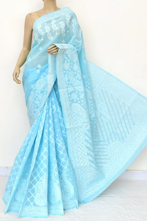 Sky Blue Designer Hand Embroidered Lucknowi Chikankari Saree (With Blouse - Cotton) Rich Border And Pallu 14929