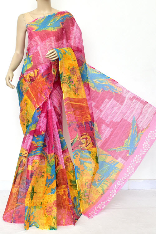 Rani Pink Digital Print Kota Doria Cotton Saree (without Blouse) Premium Quality 15574