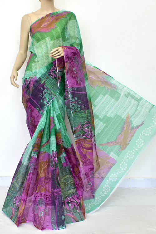 Green Purple Digital Print Premium Kota Doria Cotton Saree (without Blouse) 15573