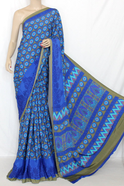 Royal Blue Printed Crepe Silk Saree (With Blouse) 13376