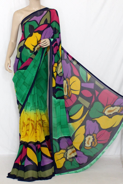 Green Printed wrinkle Georgette Saree (With Blouse) 13380