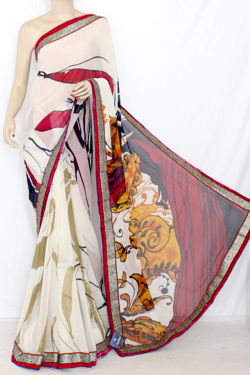 Off-White Magenta Printed Wrinkle Georgette Saree (With Blouse) 13388