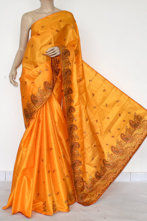 Golden Yellow Embroidered Tusser Art Silk Saree (With Blouse) 13465