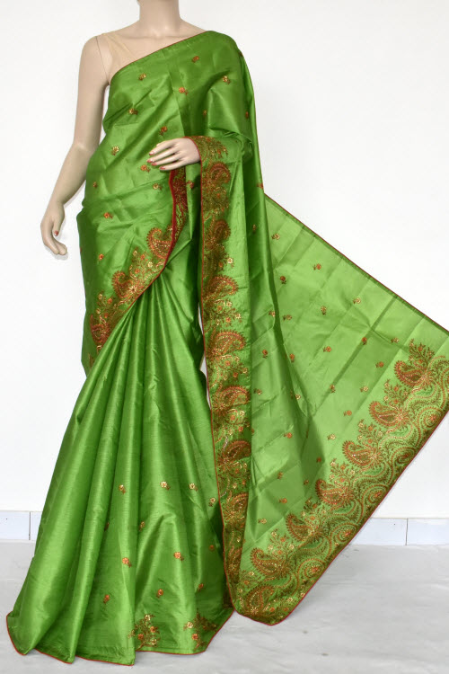 Green Embroidered Tusser Art Silk Saree (With Blouse) 13466