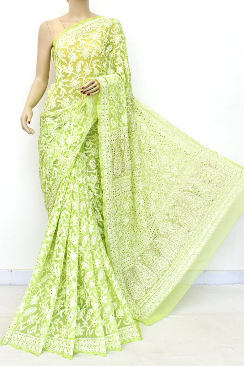 Pista Green Hand Embroidered Lucknowi Chikankari Saree With Allover Gota Patti + Add-On Work - Faux Georgette (With Blouse) 15142 (A Bridal Collection)