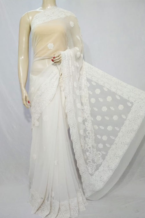 White Color Hand Embroidered Lucknowi Chikankari Saree (With Blouse - Georgette)  71128