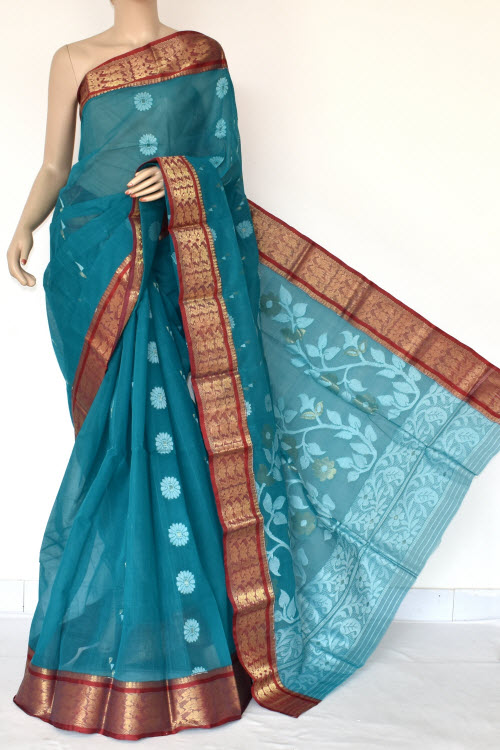 Pherozi Blue Handwoven Bengal Tant Cotton Saree (Without Blouse) 14013