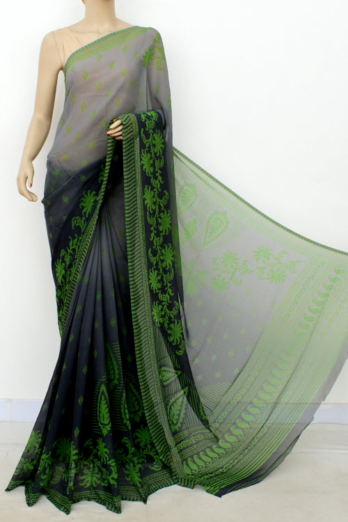 Grey Printed Mul-Mul Georgette Saree (with Blouse) 16414
