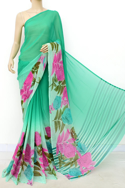 Green Printed Mul-Mul Georgette Saree (with Blouse) 16413