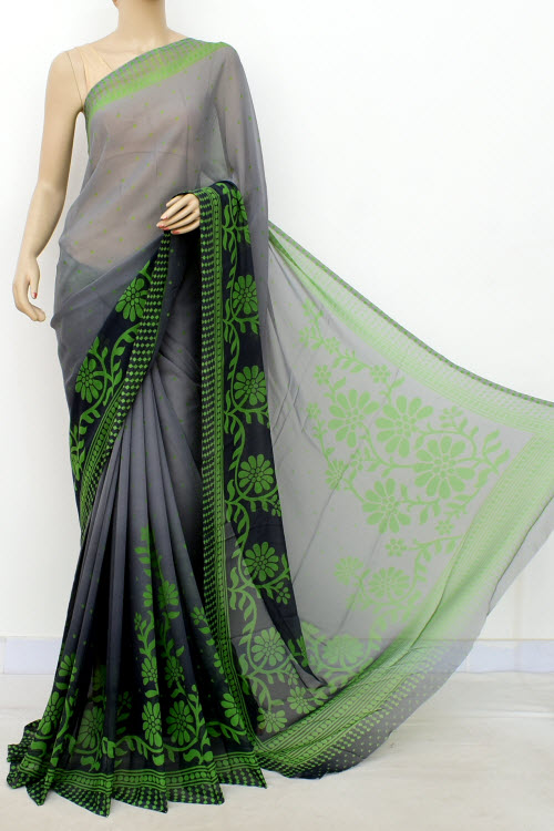 Grey Green Printed Mul-Mul Georgette Saree (with Blouse) 16410