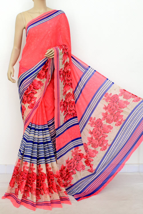 Peach Blue Printed Wrinkle Georgette Saree (with Blouse) 16409