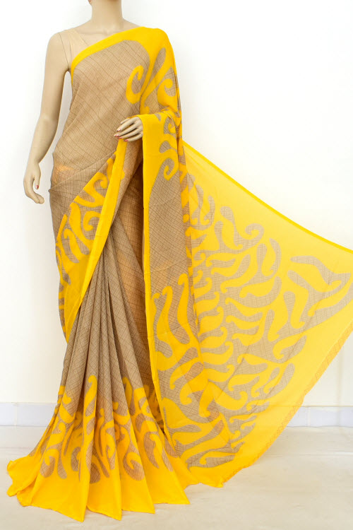 Yellow Chocolate Designer Printed Wrinkle Georgette Saree (with Blouse) 16407