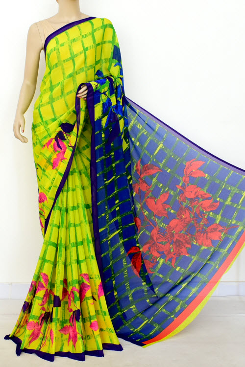 Yellow Green Printed Wrinkle Georgette Saree (with Blouse) 16405