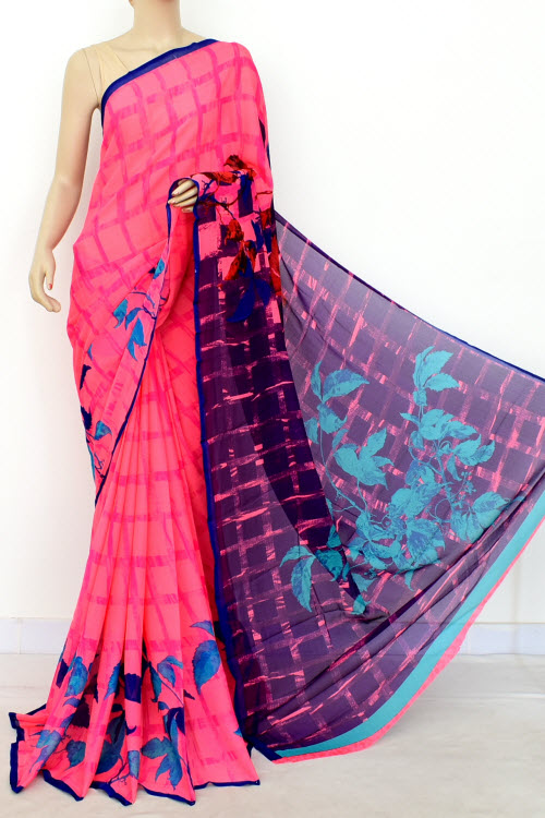 Peach Blue Printed Wrinkle Georgette Saree (with Blouse) 16404