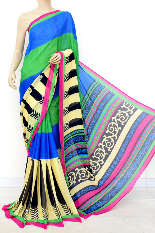 Blue Green Printed Wrinkle Georgette Saree (with Blouse) 16403