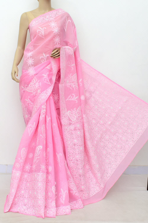 Pink Hand Embroidered Lucknowi Chikankari Saree (With Blouse - Cotton) Heavy Skirt Border And Rich Pallu 14798