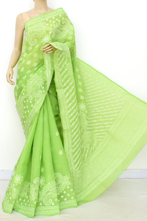 Menhdi Green Hand Embroidered Lucknowi Chikankari Saree (With Blouse - Cotton) Heavy Skirt Border And Rich Pallu 14774