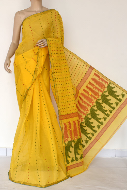 Golden Yellow Handwoven Thousand Booti Bengal Tant Cotton Saree (Without Blouse) 14041