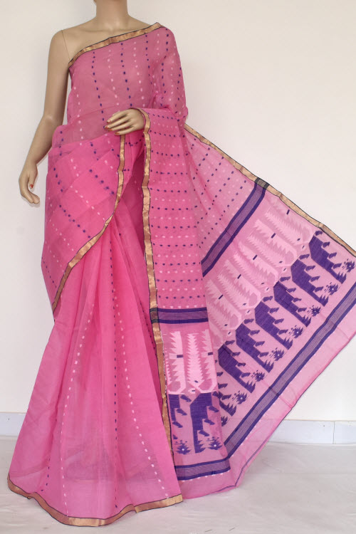 Pherozi BluPink Handwoven Thousand Booti Bengal Tant Cotton Saree (Without Blouse) 14043e Handwoven Thousand Booti Bengal Tant Cotton Saree (Without Blouse) 14038