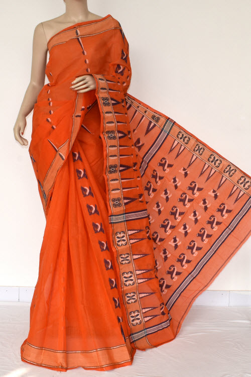 Orange Handwoven Bengali Tant Cotton Saree (Without Blouse) 14046