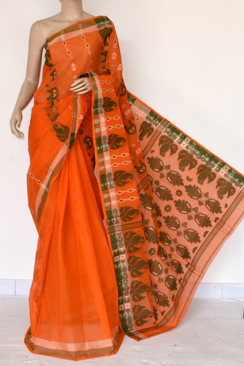 Orange Handwoven Bengal Tant Cotton Saree (Without Blouse) 14075
