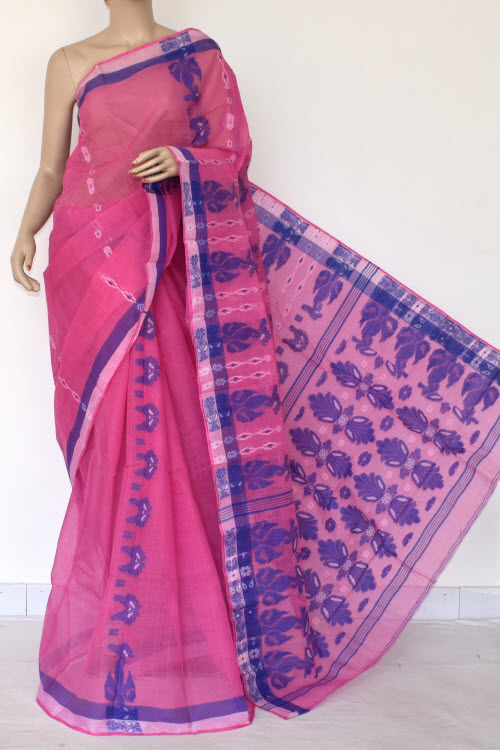 Pink Handwoven Thousand Booti Bengal Tant Cotton Saree (Without Blouse) 14081