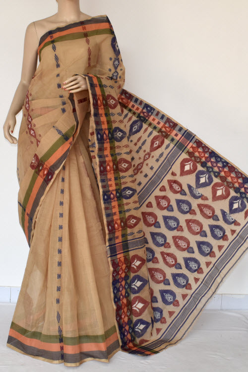 Fawn Handwoven Bengali Tant Cotton Saree (Without Blouse) 14175