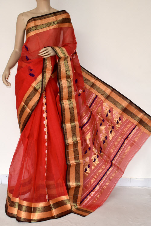 Red Handwoven Bengal Tant Cotton Saree (Without Blouse) Zari Border Rich Pallu 14196