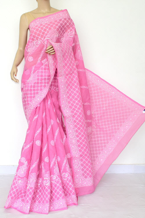 Pink Hand Embroidered Lucknowi Chikankari Saree (Cotton-With Blouse) 14809