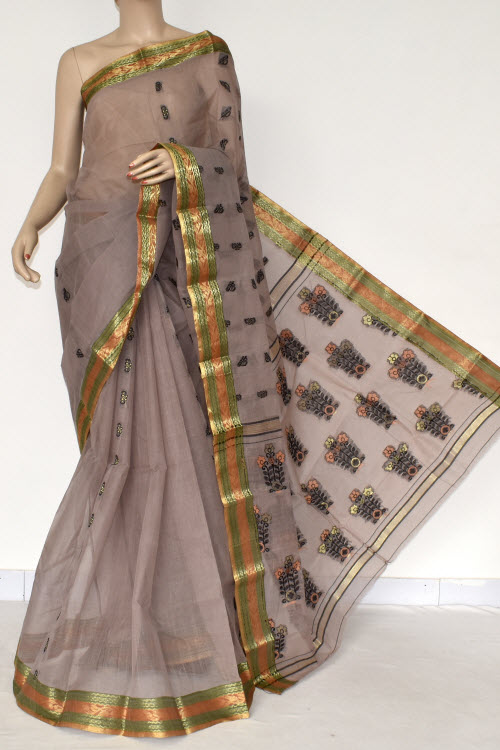 Light Chocolate Handwoven Bengal Tant Cotton Saree (Without Blouse) Zari Border 17390