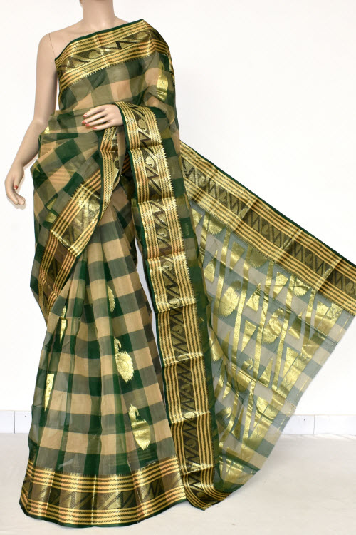 Bottle Green Fawn Handwoven Bengal Tant Cotton Saree (Without Blouse) Zari Border & Booti 17400