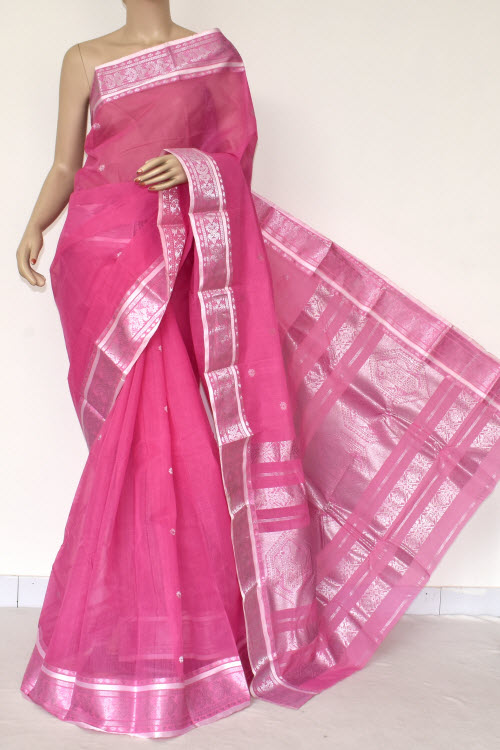 Pink Handwoven Bengal Tant Cotton Saree (Without Blouse) Silver Zari Border 17407