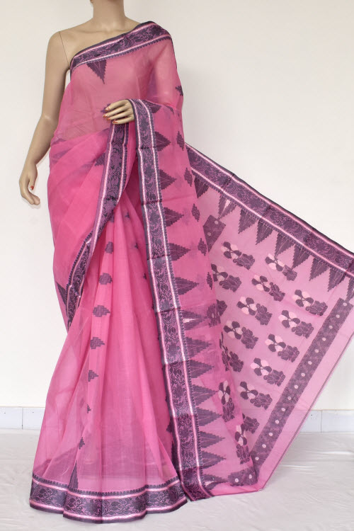 Pink Handwoven Bengal Tant Cotton Saree (Without Blouse) Zari Border 17411