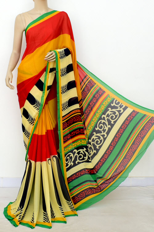 Red Yellow Printed Wrinkle Georgette Saree (with Blouse) 16390