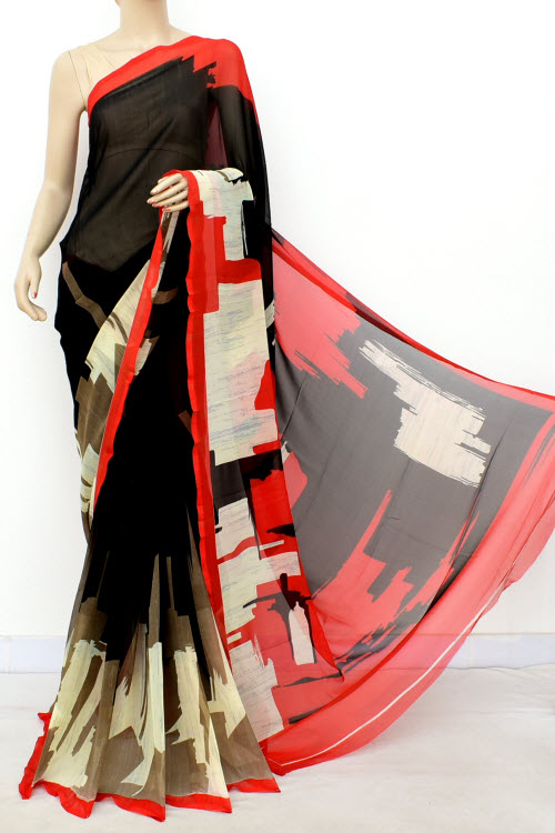 Black Red Printed Mul-Mul Georgette Saree (with Blouse) 16388