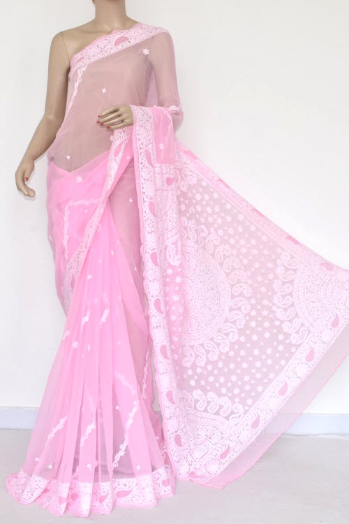 Baby Pink Hand Embroidered Lucknowi Chikankari Saree (With Blouse - Georgette) 14420