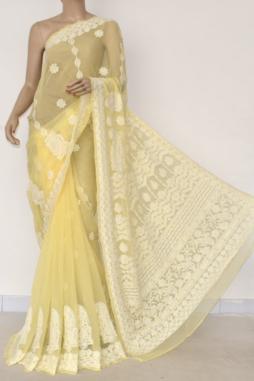 Yellow Hand Embroidered Lucknowi Chikankari Saree (With Blouse - Georgette) 14479