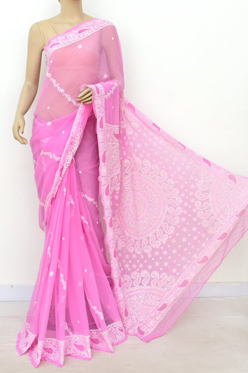 Pink Hand Embroidered Lucknowi Chikankari Saree (With Blouse - Georgette) Rich Pallu 14627